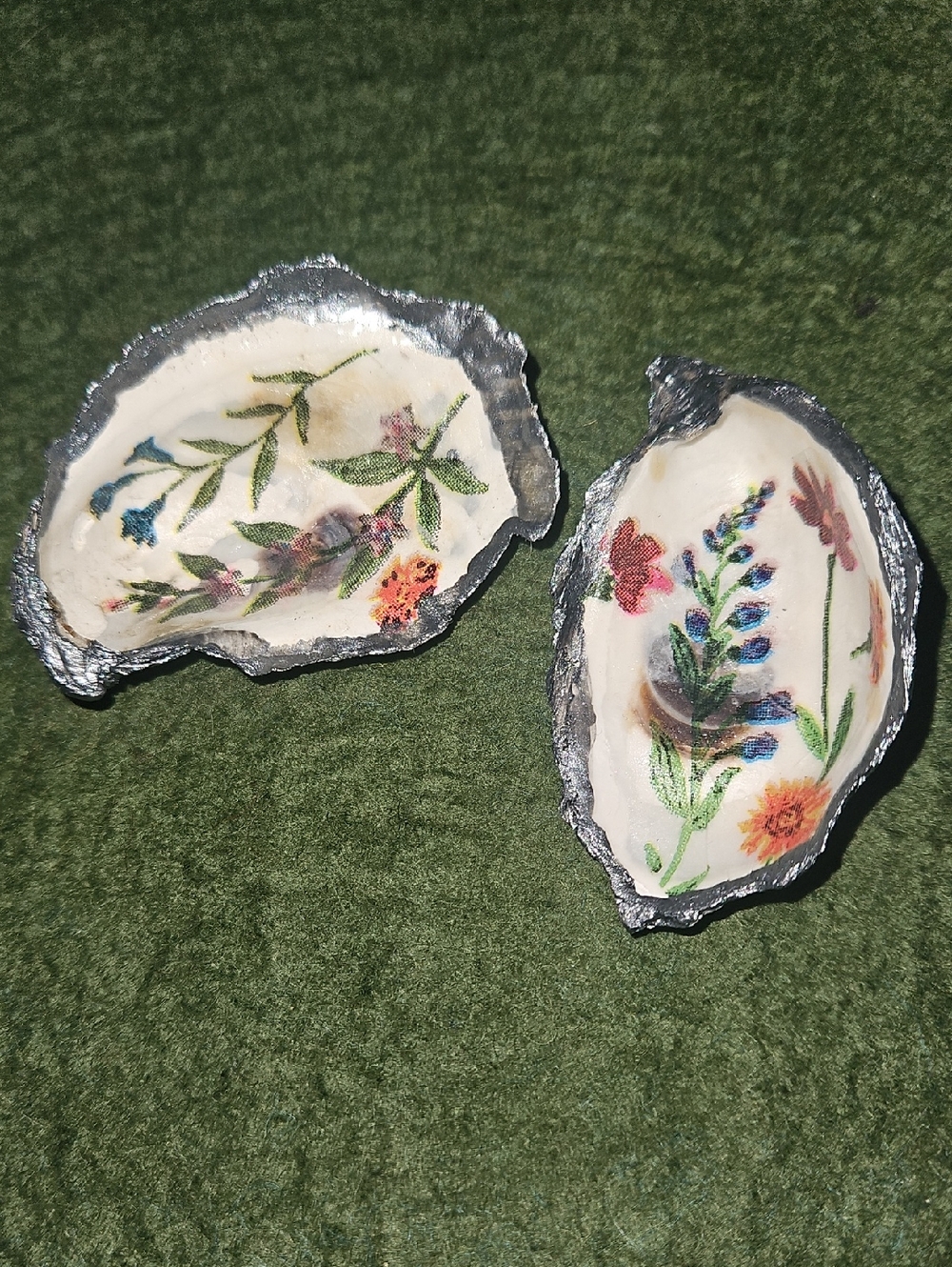 Hand Painted Silver Decopaged Oyster Shell Trinket Dishes Floral Design